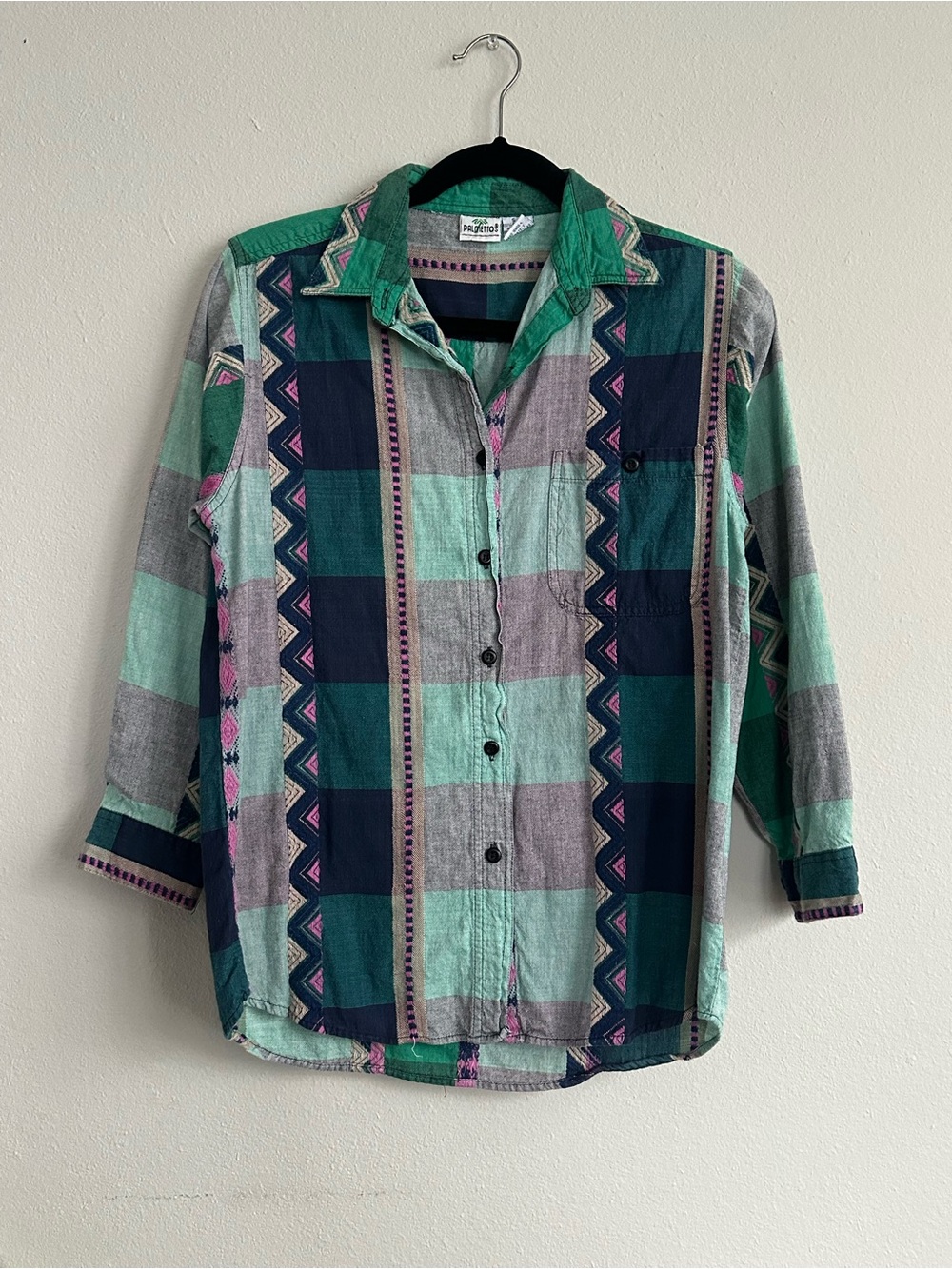 Vintage Palmettos Relaxed Green Plaid Button-Down Shirt Geometric stitch Trim